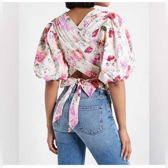 Express Puff Sleeve Floral Tie Back Top Size Small - Picture 4 of 15